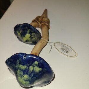 Ceramic Pottery Double Mushroom Ornament Statue Garden Stake Blue Green 9" x 4.5